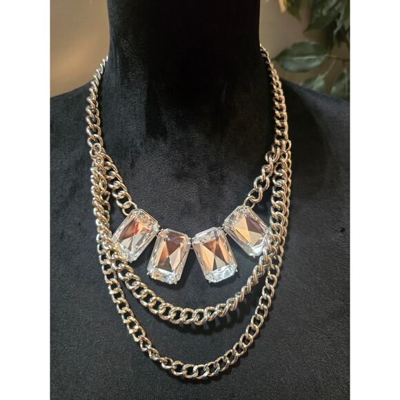 Women's Statement Chunky Chain Necklace With Clear Crystal Gems Lobster Clasp - Picture 1 of 7